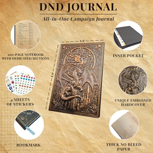 DnD Journal | D&D Notebook with 3D Dragon Embossed Hardcover | DnD Character Journal & Campaign Tracker | 150+ DnD Stickers included | D&D Character Sheet | DnD Gifts, Items & Accessories for Players