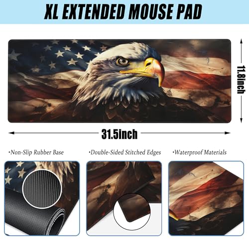 Desk Mat,American Bald Eagle Large Gaming Mouse Pad XL,USA Flag Eagle Desk Pad,Extended Big Computer Keyboard Mousepad with Non-Slip Base and Stitched Edge 31.5"x11.8" - color: American Bald Eagle, size: XL-31.5"x11.8"