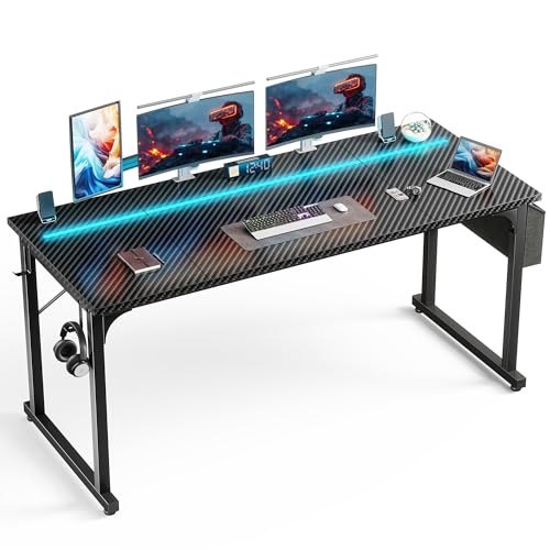 DurayLoly 63" Gaming Desk with LED Lights,Computer Desk with Storage Bag for Home Office, Long Desk with Headphone Hook for Study Writing Work Wood Desk,Sturdy Metal Frame,Bedroom,Black - color: Black, size: 63 Inch