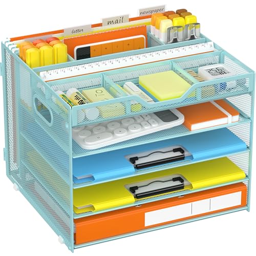 Docnest 5 Tier Letter Tray with Hanging File Box, Blue | Mesh Desk Organizer, Built-in Pen Holder and Handles, Desktop Storage organizer, For Mail Documents Office Supplies - color: 5 Tier Hanging File Organizer-Blue
