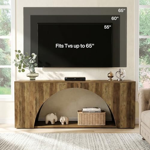 Tribesigns 63" TV Stand for 55/60/65/75 Inches TV, 2-Tier Farmhouse Television Stands with Arched Open Storage, Entertainment Center Media Console for Living Room & Bedroom, Brown