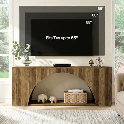 Tribesigns 63" TV Stand for 55/60/65/75 Inches TV, 2-Tier Farmhouse Television Stands with Arched Open Storage, Entertainment Center Media Console for Living Room & Bedroom, Brown