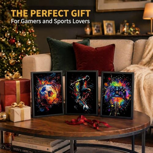 Soccer Gaming Wall Art Set Of 3 Black Framed Canvas Prints Neon Graffiti Soccer Ball Player And Controller Decor For Boys Room Teen Bedroom Game Room 12x16 Inches Each