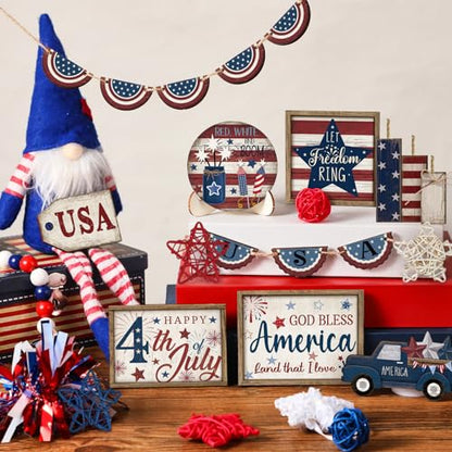 20 Pcs 4th of July 250th Anniversary Patriotic Tiered Tray Decoration USA Flag Wood Signs Rustic Independence Day Wooden Tiered Tray Decorations for Labor Memorial Day Home Party - style: Classic Style