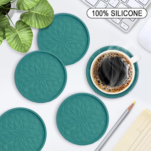ME.FAN Silicone Coasters with Holder,[6 Pack] Drinking Coasters - Cup Mat for Hot or Cold Drinks, Thickened, Non-Slip, Non-stick,Deep Tray Teal Blue - color: Teal Blue