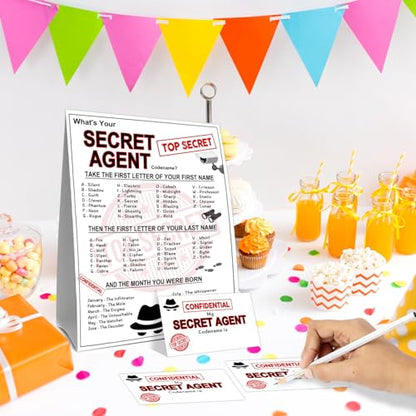 What's Your Secret Agent Name Game Card Set, Spy Codename Generator Game Card, Secret Agent Birthday Party Game Cards, 1 Agent Name Sign, 30 Spy Names Sticker, Birthday Party Decor for Boys Girls - style: Secret Agent