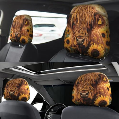 Dujiea 2 Pack Highland Cow Sunflowers Car Headrest Covers, Universal Soft Car Seat Head Rest Cover Protector, Vehicle Accessories Fabric Headrest Cover for Cars Vans Trucks - color: Highland Cow Sunflowers