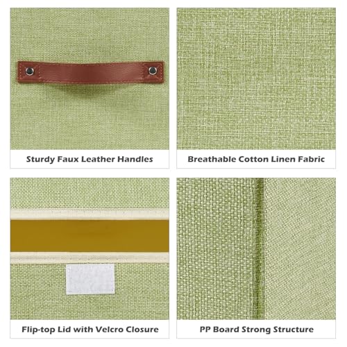 2PCS Storage Boxes with Lid Cotton Linen Fabric Storage Bins Organizer Container Decorative Collapsible Washable Shelf Closet Baskets Faux Leather Handles Home Bedroom (Green, Small Size) - color: Green, size: Small (Set of 2)