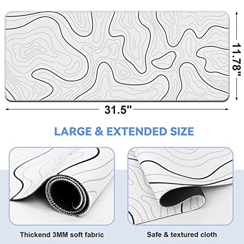 DIGSOM Mouse Pad Gaming, White with Black Topographic Line, 31.5x11.8in | XL Mouse mat, Smooth surface, Anti-slip rubber base, For keyboard and mouse, For home and office use - color: White with Black Line
