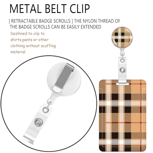 ID Badge Holder with Lanyard Fashionable ID Card Holders with Retractable Lanyards Soft Fiber Metal Clip Sturdy Buckle for Key Wallet Work Nurse Teacher (Beige Tartan Plaid) - color: Beige Tartan Plaid