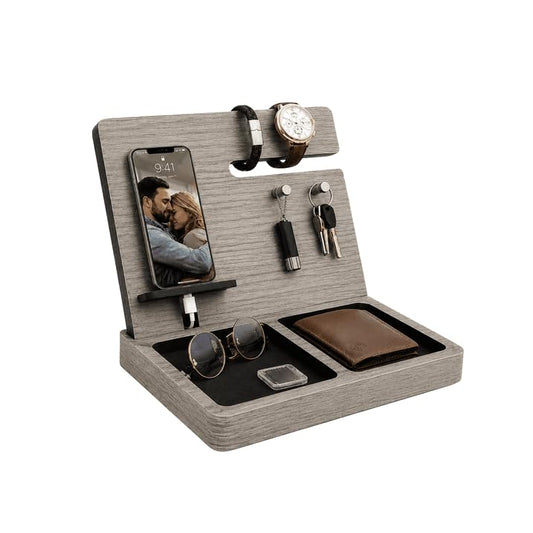 Namore Nightstand Organizer for Men – Wood Phone Docking Station & Bedside Valet Tray Organizer for Wallet, Watch & Keys – Unique Gifts for Men, Husband, Dad - color: Abismo