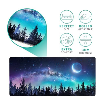 Extended Gaming Mouse Pad, XL Large Keyboard Mouse Mat Desk Pad, Stitched Edges Mousepad, 3mm Thick Long Non-Slip Rubber Base Mice Pad, 31.5 X 11.8 Inch, Forest Moon Galaxy - color: Forest Moon Sky