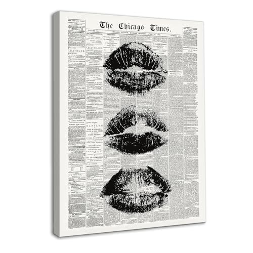 Dazzlewall Framed Vintage Newspaper Wall Art,Black and White Lip Print Modern Fashion Canvas Prints for Girls Bedroom Living Room Decor 12x16 in - color: Black and White Framed