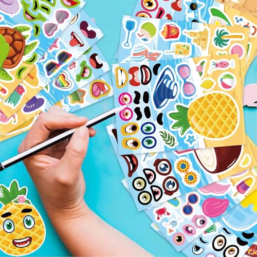 24 Sheets Summer Stickers for Kids, Make a Face Sticker Hawaii Tropical Pool Beach Stickers, Make Your Own Watermelon Pineapple Flamingo Sticker for Tropical Luau Party, Summer Holiday Party Favors - style: Summer