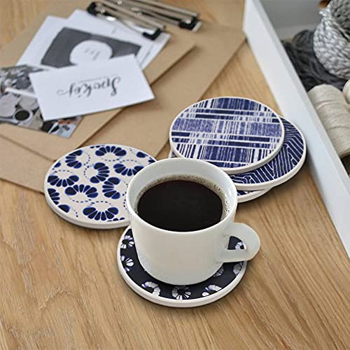 AD Set of 6 Coasters for Drinks Absorbing Round Ceramic Stone Coaster with Cork Base,Tabletop Protection Mat for Mugs and Cups,Office,Kitchen (Shibori) - style: Shibori