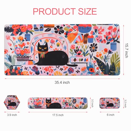 Petmolico Wrist Rest Set with Computer Keyboard Desk Pad,Mouse Wrist Rest,Keyboard Typing Wrist Pad and Cup Coasters,Ergonomic Design for Typing Pain Relief(Black,Cat with Flowers) - color: Rose