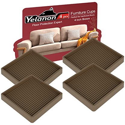 Yelanon Furniture Coasters,4 Pcs 4” Furniture Caster Cups - Non Slip Pads Hardwood Floors - Non Skid Furniture Grippers, Rubber Furniture Feet, Anti Slide Floor Protector for Bed Couch Stoppers - size: 4pcs 4" Square