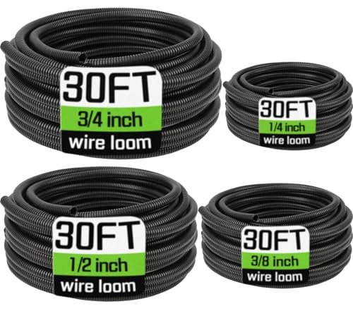 Wire Loom 1/4", 3/8", 1/2", 3/4 Inch x 30 FT, Split Wire Loom Tubing Wire Conduit, Cable Sleeves Bulk Flexible Electrical Conduit Protective kit, Black