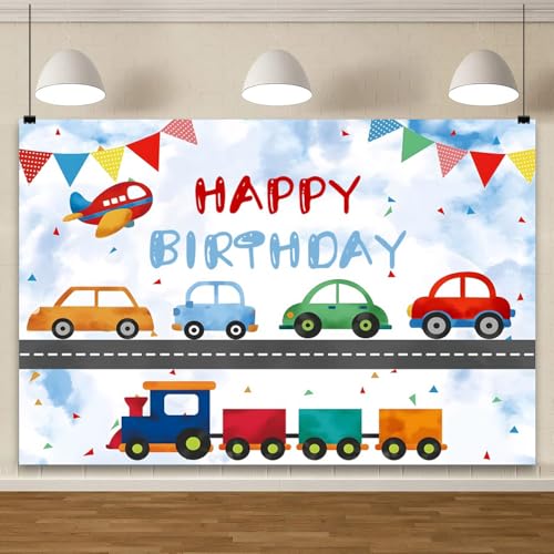 YongFoto Transportation Happy Birthday Backdrop 10x5ft Cartoon Automobile Train Trailer Airplane Car Bus Truck Blue Sky Background Boy Kid Birthday Party Banner Cake Table Decor Photoshoot Props - color: Style 2, size: 10x5ft
