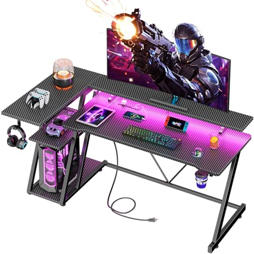 Korfile 55 Inch Gaming Desk with Power Outlet & LED Lights, L Shaped Gamer Computer Table with Storage Shelves for Bedroom, Corner Home Office Desk, Carbon Fiber Black - color: Carbon Fiber Black, size: 55 Inches