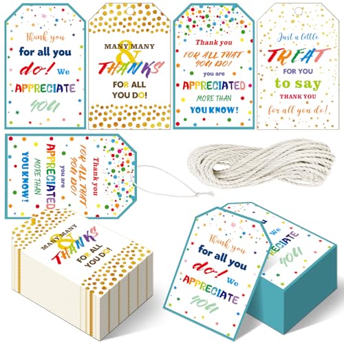 192 Pcs Thank You Gift Tags Bulk Confetti Appreciation Tags with String Teacher Employee Coworker Appreciation Labels Back to School Goodie Bag Gift Wrapping Thanks for All You Do Label, 4 Style