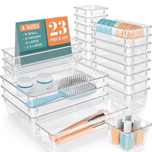 StorMiracle 23 PCS Clear Plastic Drawer Organizers Set, 4 Size Desk Drawer Organizer Trays for Makeup, Jewelry, Kitchen Utensils, Gadgets and Office Accessories - color: Clear, size: 23 PCS