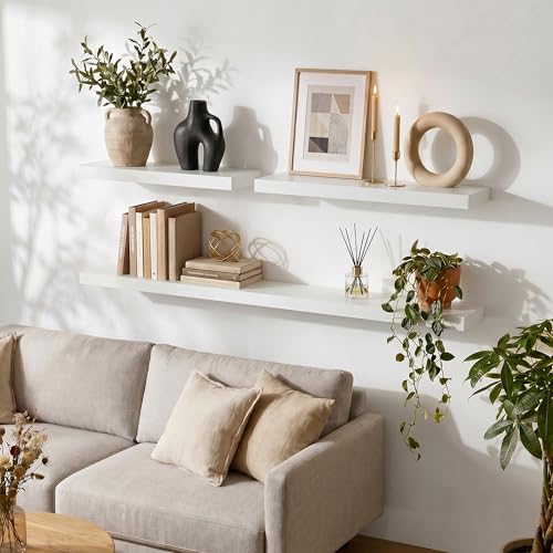 fuqing White Floating Shelves | 24 Inch Wood Floating Shelves for Wall Set of 2 | 24" W x 6.7" D x 1.4" H Rustic White Wooden Shelves for Bathroom Living Room Bedroom Kitchen - color: White, size: 24 Inch-UP