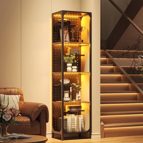 Saudism Glass Display Shelf for Collectibles, LED Black Shelf, Curio Cabinet, Lighted Tall Narrow Shelf with Pegboard Steel Frame for Gaming Room, Floor Lamp with Shelves, Living Room, Bedroom, Small | for Collectibles - color: Black, size: Small