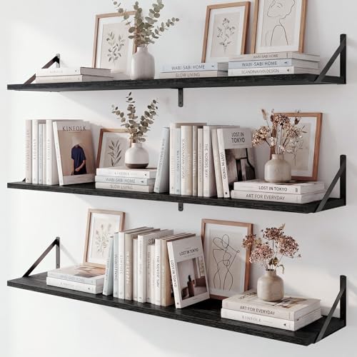 Fun Memories Extra Long Floating Wall Shelves, 48 x 8 Inches, Set of 3 Large Wood Floating Bookshelves with Metal Brackets for Storage & Display (Black) - color: Black, size: 48"W x 8"D