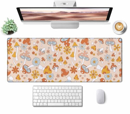 Retro Mushrooms Desk Mat Mouse Pad Large Desk Pad Desk Mats On Top of Desks Laptop Computer Keyboard Mouse Mat Full Desk Gaming Mousepad XXL 31.5X11.8 inch Deskpad Deskmat Cute Desk Accessories - color: Retro Mushrooms, size: 31.5L x 11.8W inches