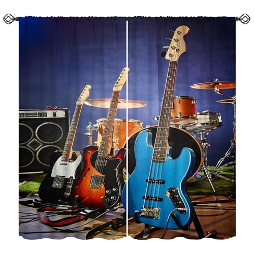 Music Themed Guitar Curtain, Rock Music Drum Kit Decor Bath Curtain Musical Instruments Print Window Curtain for Bedroom Living Room 42" W X 45" L - color: Music-8, size: 21"W x 45"L (Pack of 2)