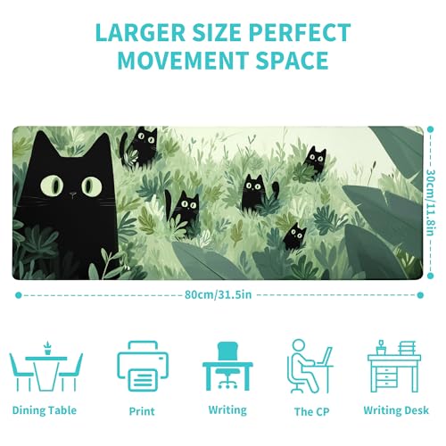 Black Cat Gaming Mouse Pad Large Desk Mat Extended Keyboard Mouse Pad Anime Mousepad with Non-Slip Base and Stitched Edge Mouse Mat Desk Pad 31.5 x 11.8 Mouse Pads for Desk Home Office Gaming - color: Black Cat