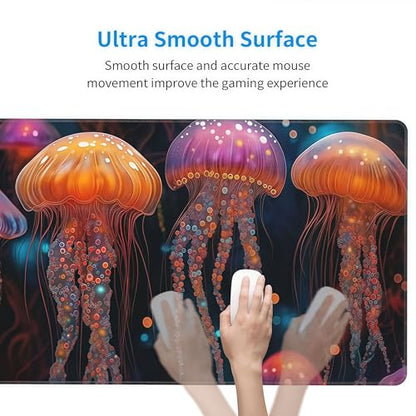 Large Fantasy Forest Jellyfish Gaming Mouse Pad - Blacklight Fairytale Waterproof Desk Mat, 35.4 X 15.8 Inch Extended Non-Slip Rubber Base for Office & Home - color: Fantasy Jellyfish