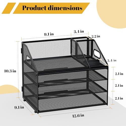Letter Tray Paper, 4 Tier Desk Organizer with Pen Holder and Handle Mesh File Organizer Paper Sorter Metal Desktop Document Shelf for Office Home Classroom -Black - color: 4 Tier-black