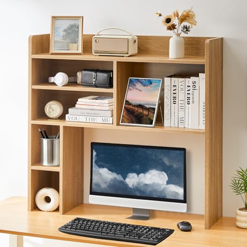 OFCASA Desktop Bookshelf, Countertop Storage Hutch with 7 Shelves for Computer Desk, 35.4'' 3-Tier Display Rack, Multipurpose Wooden Desk Hutch Storage Organizer for Home Office Dorm, Natural - color: Natural