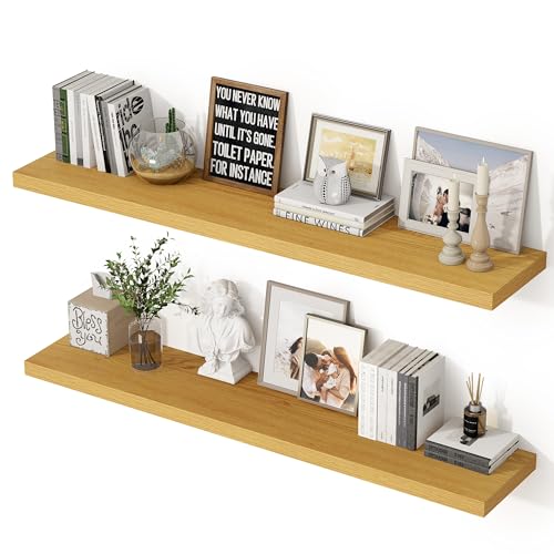 48 Inch Floating Shelves, 12 Inch Deep Floating Shelves for Wall, Extra Deeper & Thicker Wooden Wall Shelf with Invisible Brackets, Shelf for Bedroom Living Room Home Decor（Oak, Set of 2） - color: Oak, size: 48"W x 12"D x 2"H, Set of 2