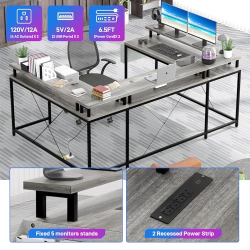 U Shaped Desk with Power Outlet & LED Lights, 79" Reversible Computer Desk with Monitor Stand, Wood Home Office Desks Gaming Desk with Shelving, Side Storage Pockets,Grey - color: Grey Oak