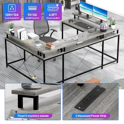 U Shaped Desk with Power Outlet & LED Lights, 79" Reversible Computer Desk with Monitor Stand, Wood Home Office Desks Gaming Desk with Shelving, Side Storage Pockets,Grey - color: Grey Oak