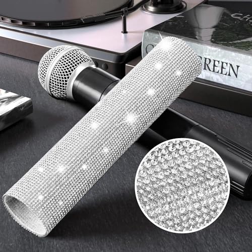 MIC NOT INCLUDED, Facmogu Silver Mic Handle Cover, Rhinestones Mic Handle Sleeve for Party & TV Show, Microphone Cover Sleeve with Sparkly Bling Rhinestones Fit for Most Universal Wireless Microphones - color: Silver