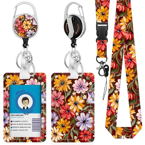 Flower Badge Holder with Lanyard, Oil Painting Flora ID Badge Holder with Retractable Reel Clip and Keychain for Music Lovers, Vertical Identity Card Cover Case Protector for Nurse Teacher - color: Flower-red