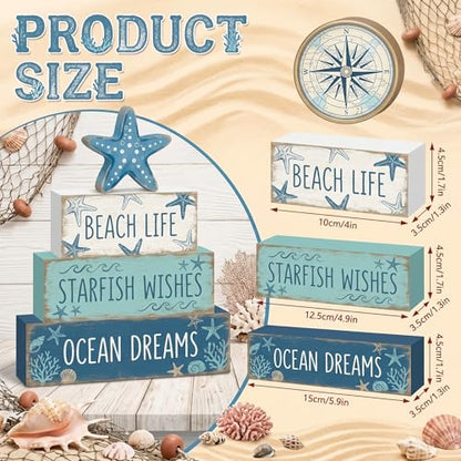 4 Pcs Summer Starfish Bathroom Table Decor Ocean Beach Tiered Tray Decor Blue Coastal Wooden Signs Shelf Sitter Sea Wishes Table Centerpieces for Home Kitchen Office Decorations - style: Starfish