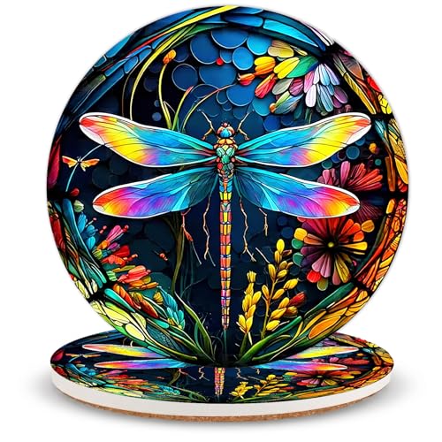 Dragonfly Ceramic Coasters of 2 with Cork Backing Absorbent Cup Coaster | Non-Slip Coasters for Drinks and Coffee Table Office Desk Home Decor, Gifts for Dragonfly Lovers, Mom, Nature Fans - color: Dragonfly