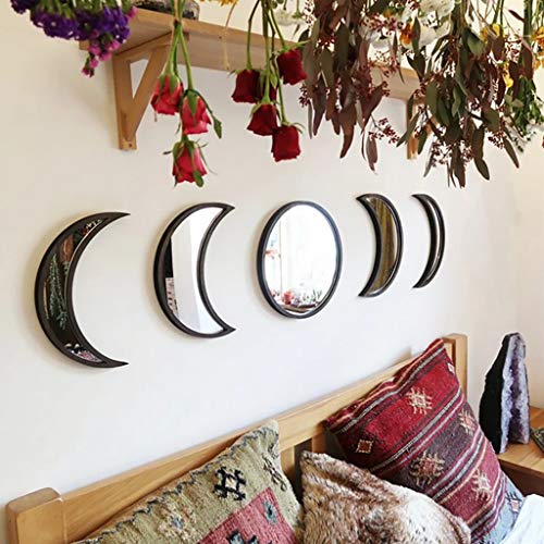5 Pieces Scandinavian Natural Decor Acrylic Wall Decorative Interior Design Wooden Moon Phase Mirror Bohemian Wall Decoration for Home Living Room Bedroom - Not Real Mirror(Black) - color: Black