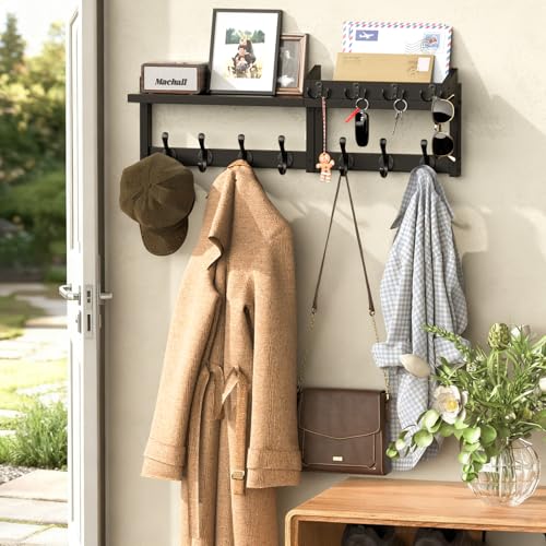 29'' Black Coat Rack Wall Mount with Shelf, Solid Wood Coat and Key Hanger with 11 Metal Hooks, Farmhouse Wall Organizer for Mail, Entryway Wall Hangers for Hats, Clothes, Backpacks, Mudroom - color: Black, size: 29Inch