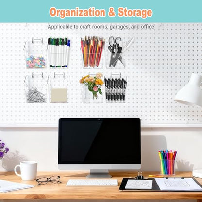 8 Pack Large Pegboard Bins with Hooks, Square Box Shape Peg Board Cups and Peg Board Accessories for Craft Room, Playroom, Office, Garage, and Wall Mount Organization (Transparent) - color: Transparent