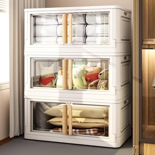 3 Storage Bins with 3 Lids, 78 Qt White Closet Organizers and Storage, 3 Packs Stackable Storage Bins with Wheels,Double Door Collapsible Storage for Home and Office,White