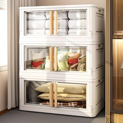3 Storage Bins with 3 Lids, 78 Qt White Closet Organizers and Storage, 3 Packs Stackable Storage Bins with Wheels,Double Door Collapsible Storage for Home and Office,White