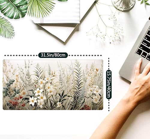 Beige Aesthetic Sage Desk Mat Cute Watercolor Flowers Mouse Pad Desk Pad, XXL Large Extended Gaming Anime Mousepad Big Keyboard Mouse Mat, Home Office Desktop Decor Deskpad for Women 31.5x15.75 in - color: Beige Watercolor Flowers