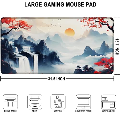 Large Gaming Mousepad, Waterproof Extra Large Mouse Pad with Stitched Edges, 31.5" x 15.7" Non-Slip Rubber Base Office Big Long Keyboard Pad for Office Gamer Home XXL, (Mountains Waters) - color: Mountains Waters