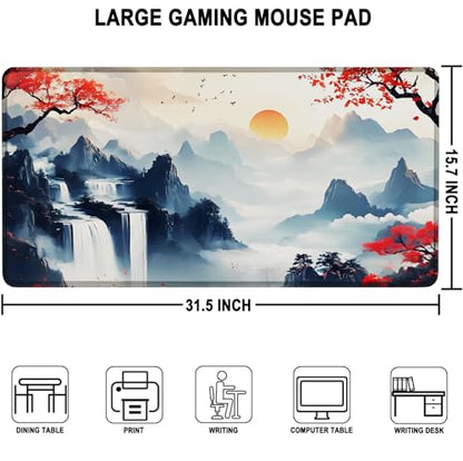 Large Gaming Mousepad, Waterproof Extra Large Mouse Pad with Stitched Edges, 31.5" x 15.7" Non-Slip Rubber Base Office Big Long Keyboard Pad for Office Gamer Home XXL, (Mountains Waters) - color: Mountains Waters